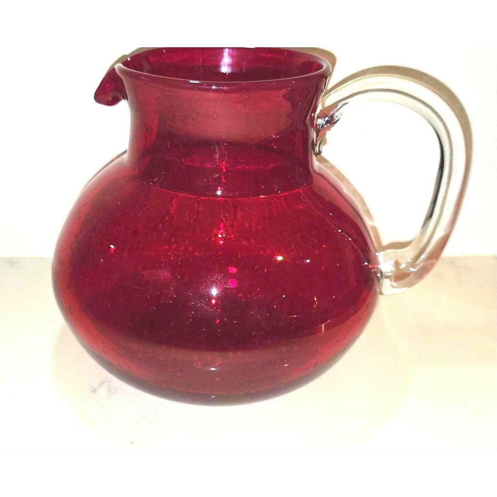 Vintage Artland Iris Ruby Red Seeded Bubble Glass Serving Pitcher, 7.25" Tall